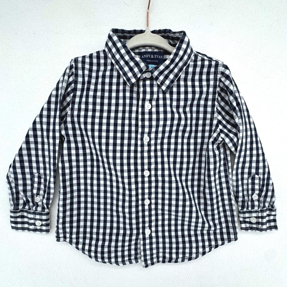 Andy & Evan Button Down Shirt Kids 3T Navy Blue Gingham Checkered Preppy Formal